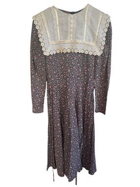 1970s Gunne Sax prairie midi dress ditsy floral printlace bib collar fits S